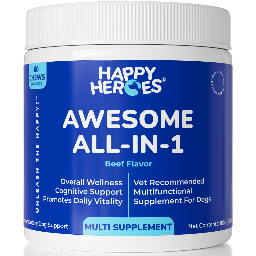 Happy Heroes Awesome All-in-1 multivitamin chews for dogs, beef flavor tub