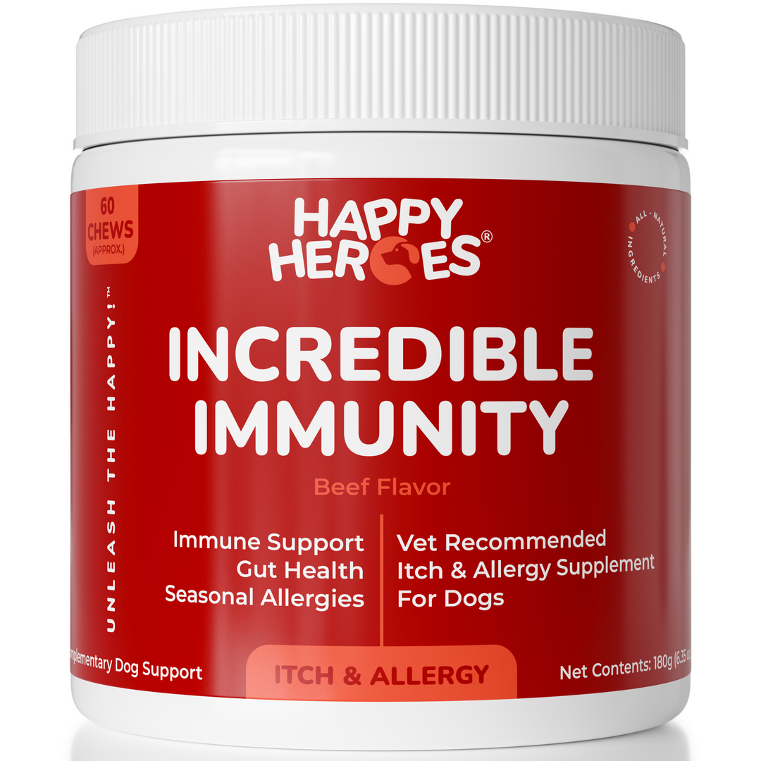 Happy Heroes Incredible Immunity immune support chews for dogs, beef flavor tub