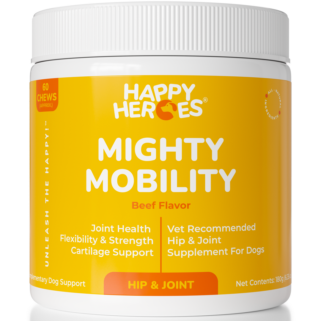 Happy Heroes Mighty Mobility hip and joint chews for dogs, beef flavor tub